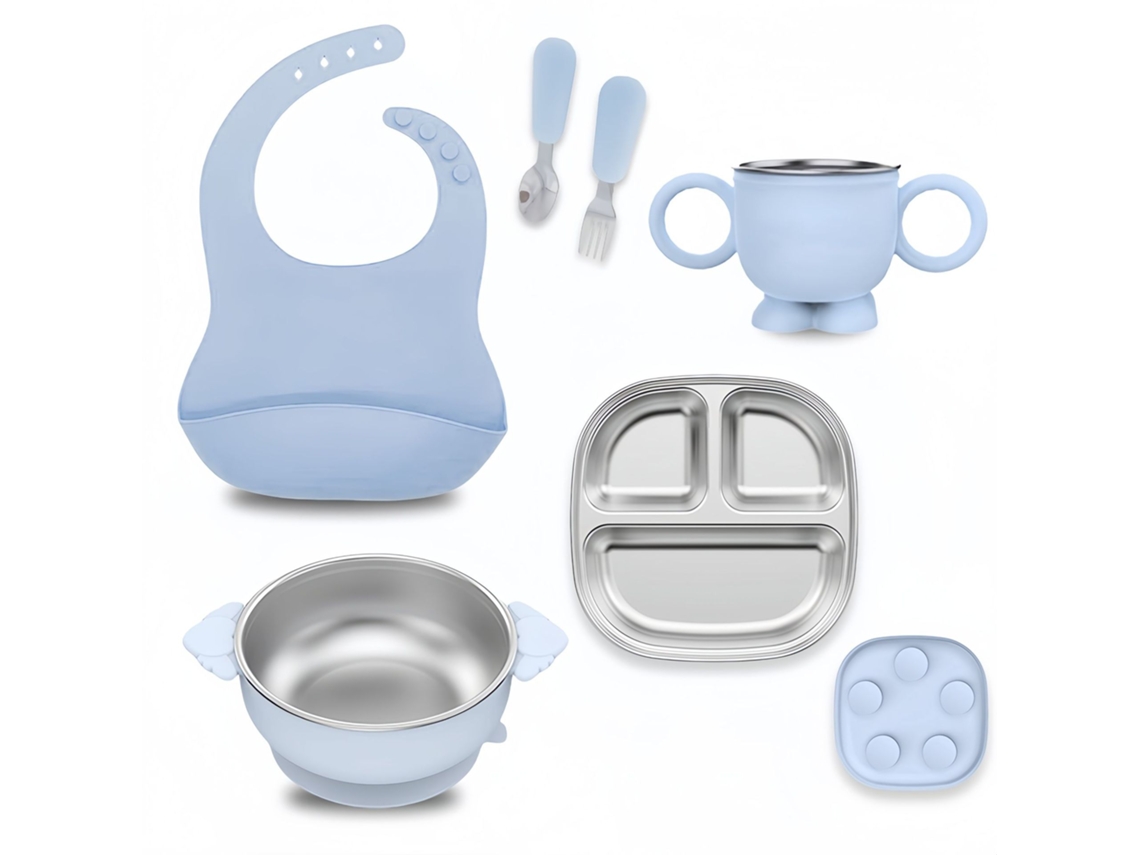 Plato para bebé 6 en 1, cubiertos infantiles de acero inoxidable 304 con ventosa de silicona Gertiz (azul)