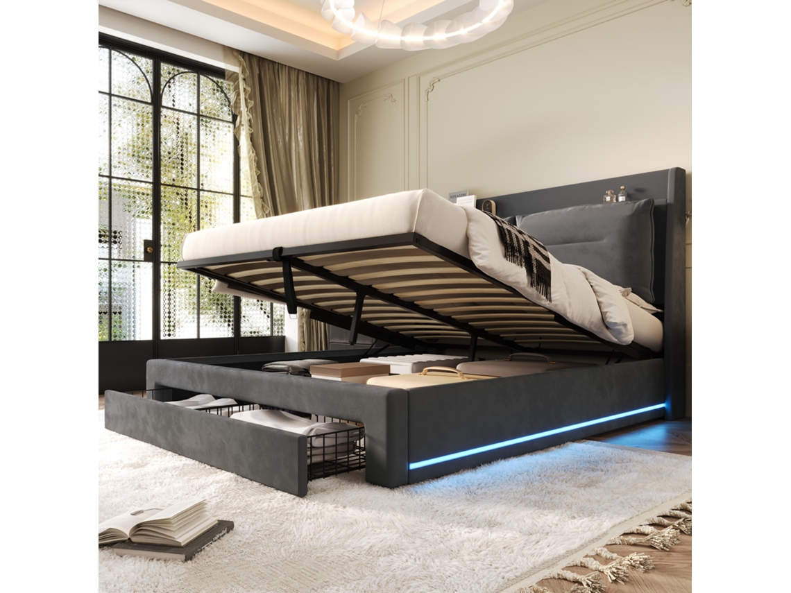 Cama De 140x190 Cm Con Cajones Hidráulicos Led En Terciopelo Gris Colchón No Incluido.