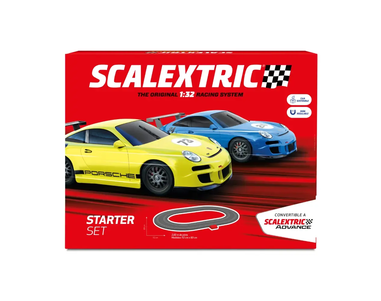 Set de iniciación de la gama Original a escala 1:32. Incluye pista de carreras completa, coches y mandos. Apto para niños de 6 años. Scalextric.