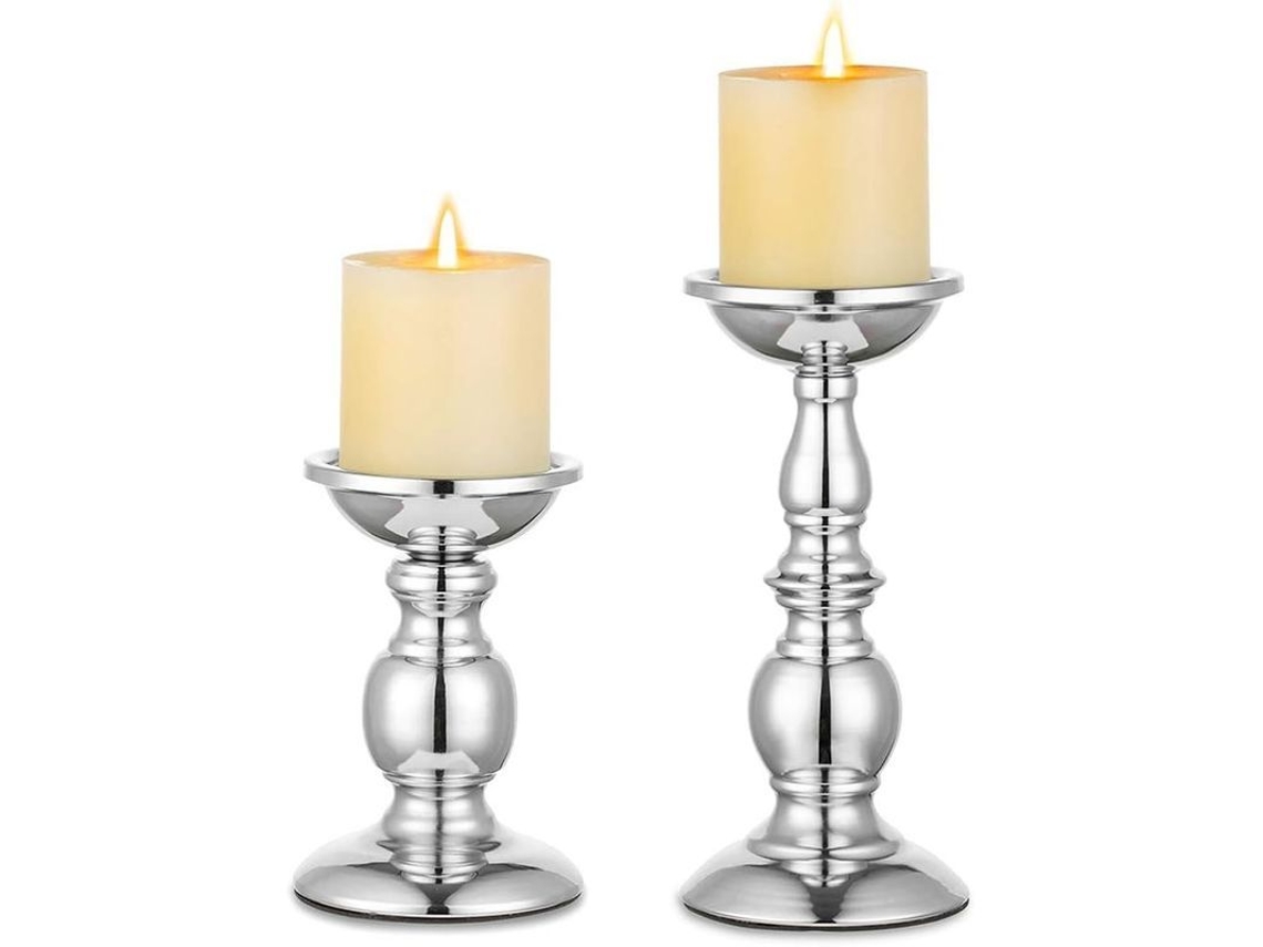 Portavelas De Columna De Metal Plateado De Dos Piezas Para Sala De Estar Y Jardín - Navidad 2025