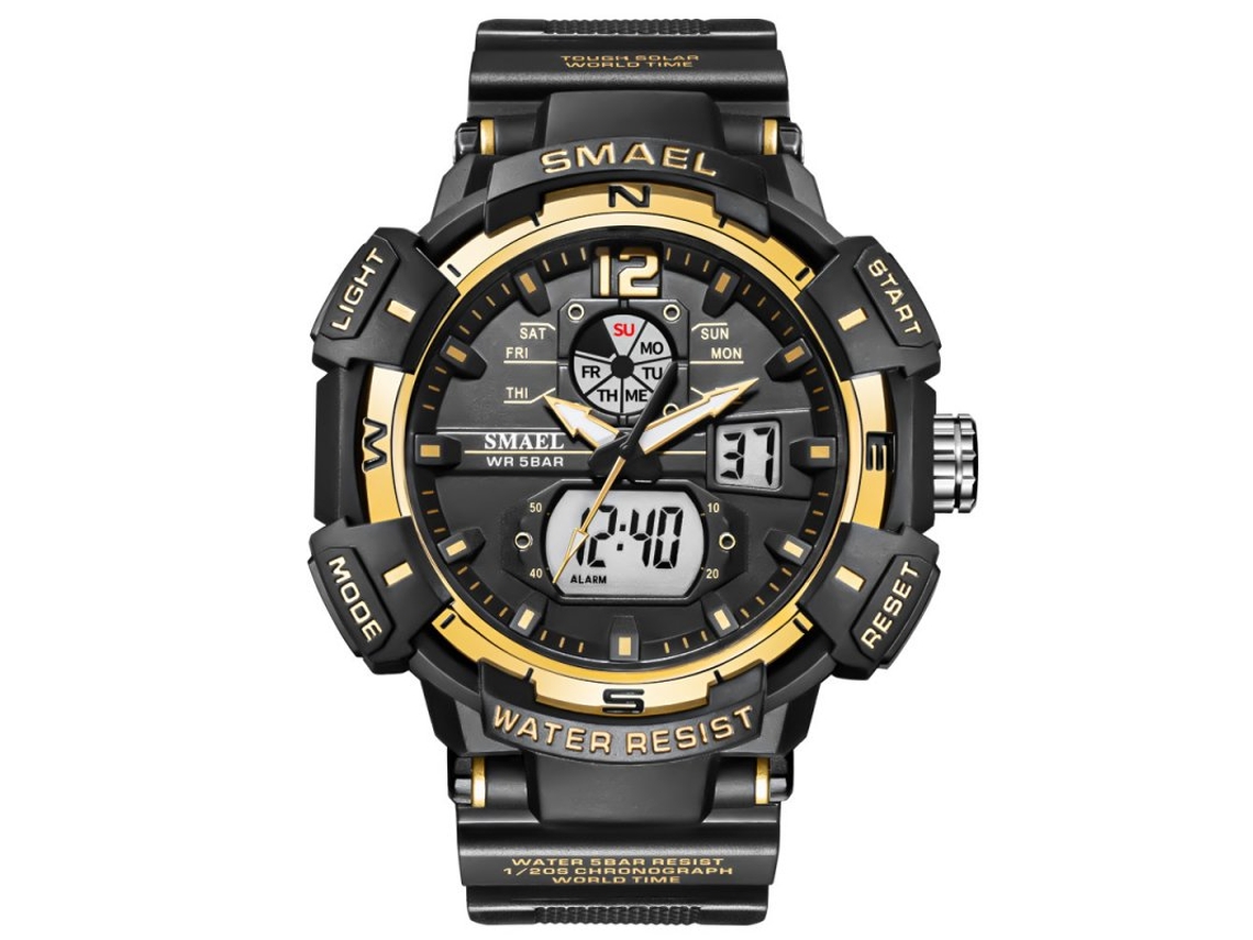 Smartwatch Male Smael Fashion 50 M Punteros luminosos impermeables Cuarzo digital Multifuncional Ouro Preto