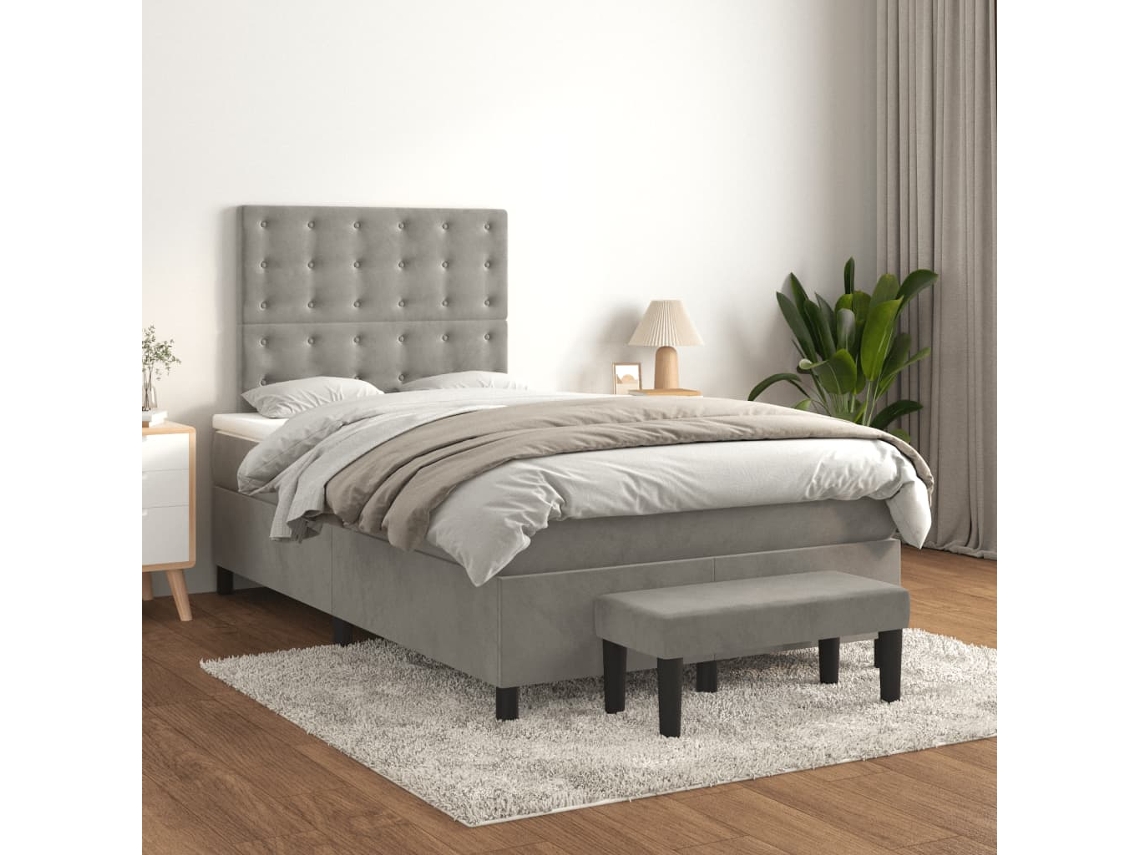 Cama Box Spring Con Colchón Terciopelo Gris Claro 120x200 Cm