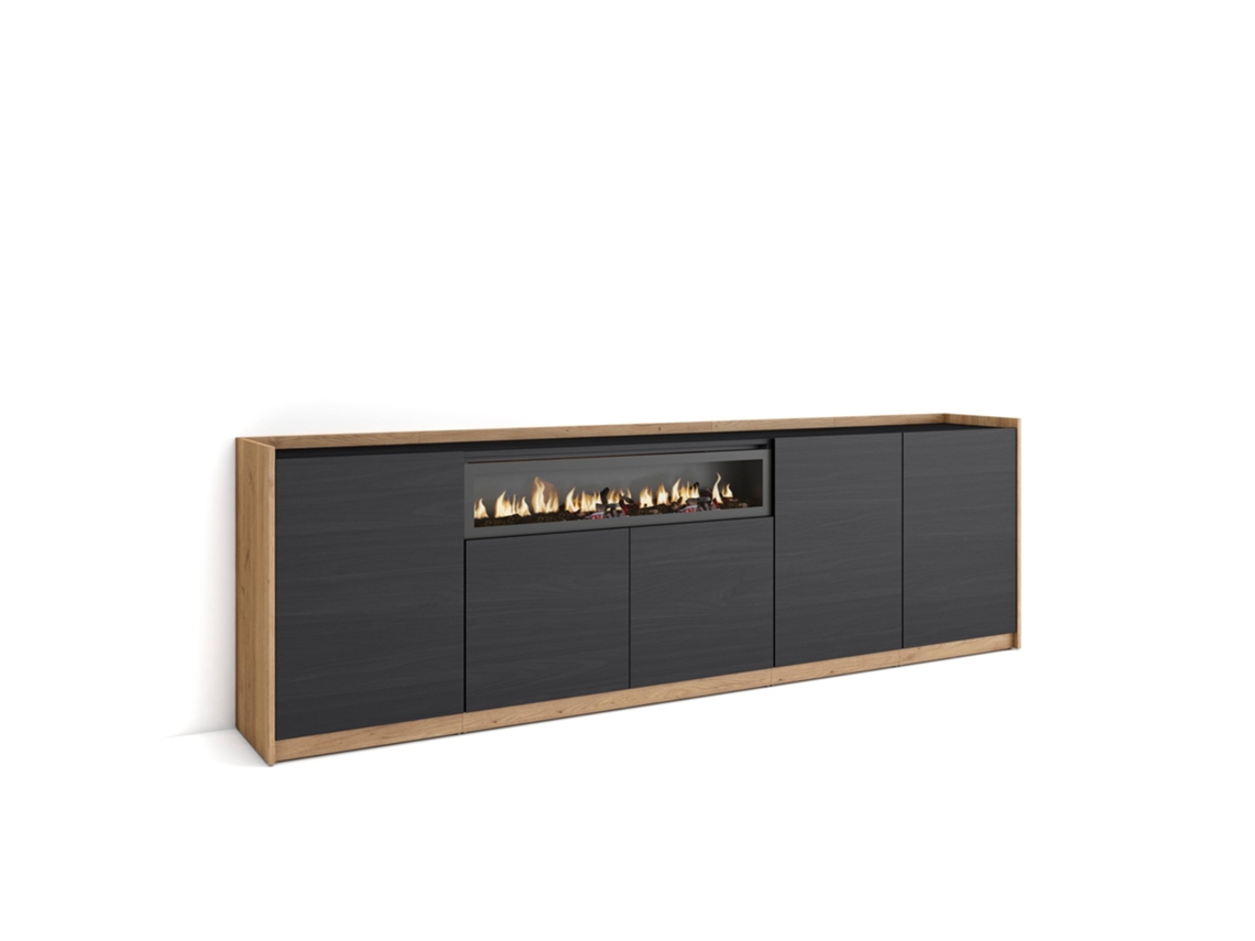 Aparador de comedor, 260x37x80cm, 5 puertas, chimenea eléctrica, negro y roble.