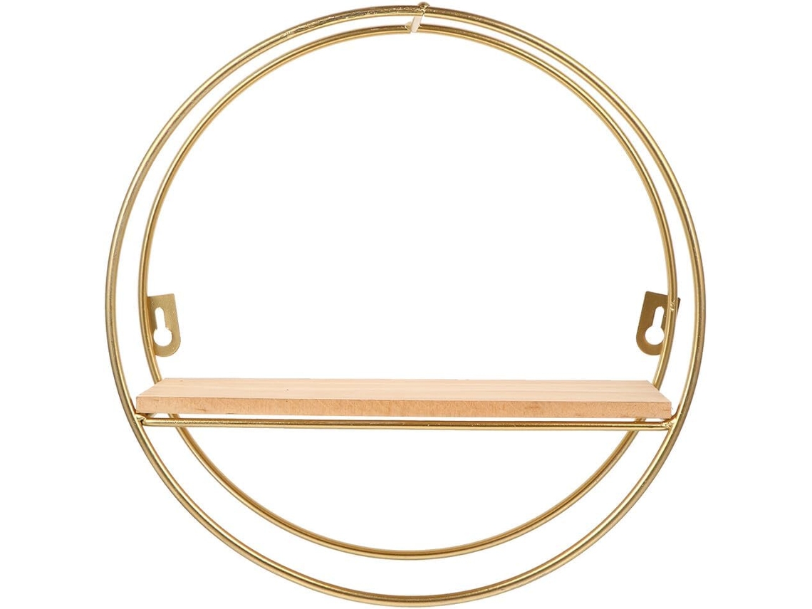 Estantería redonda nórdica de pared en hierro dorado con tapa de madera natural, diseño geométrico flotante para salón. SFUSHOS