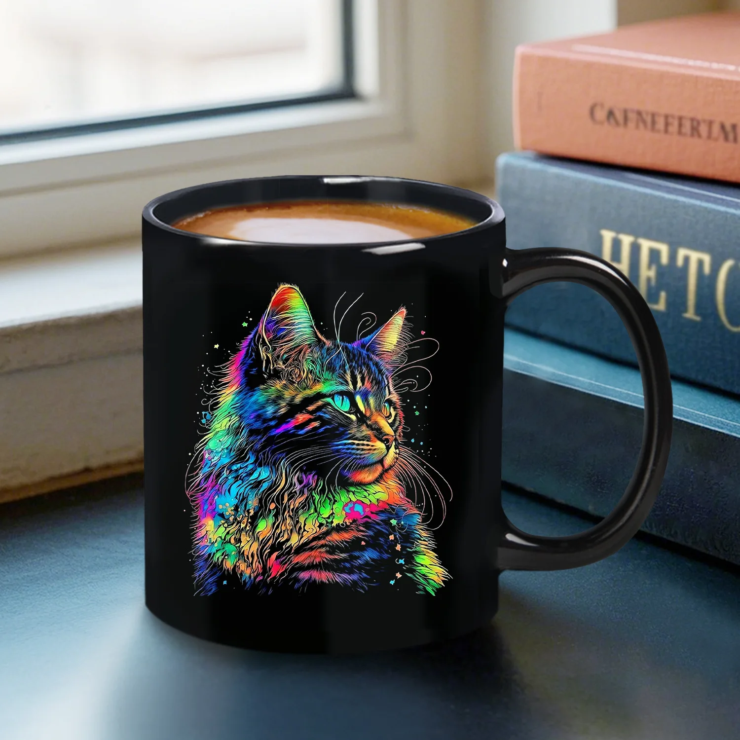 Taza De Cerámica Con Diseño De Gato Mágico (330 Ml), Taza De Café, Taza De Té Con Leche O Taza De Desayuno Creativa (negra).