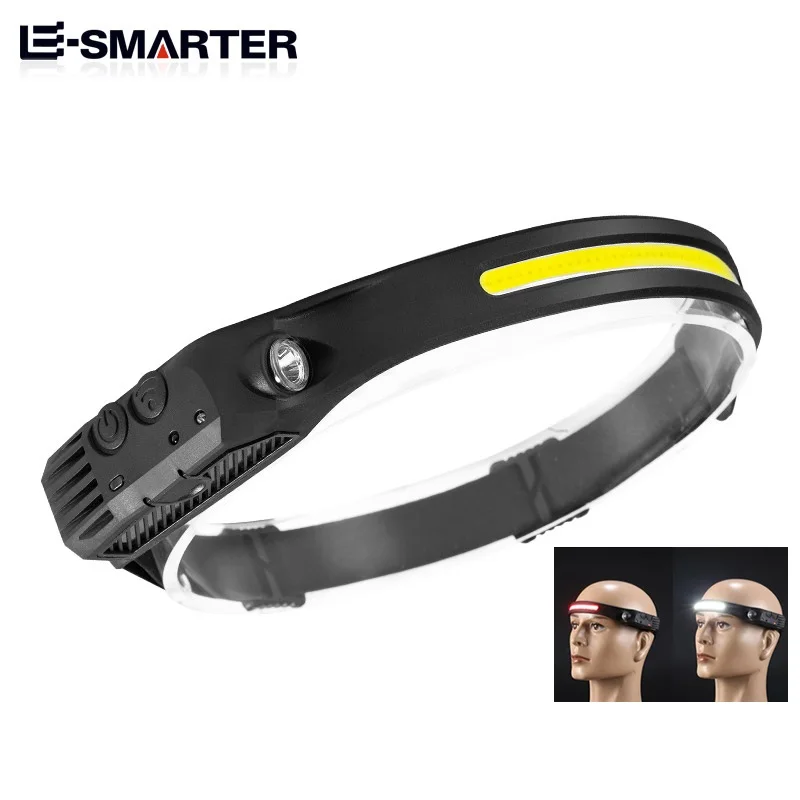 Linterna frontal con sensor LED COB (blanco-rojo) - Batería integrada - Recargable mediante USB - 5 modos de iluminación