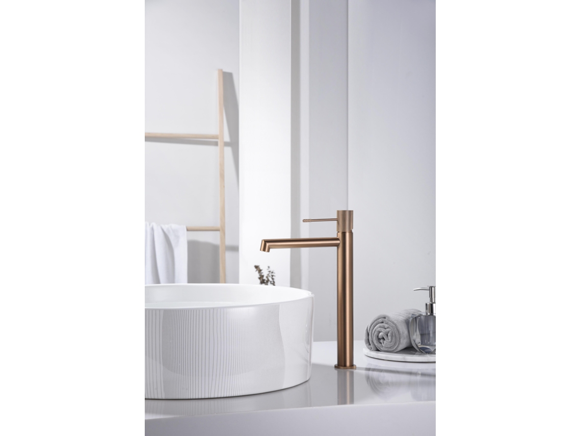 Grifo monomando para lavabo alto en latón con acabado oro rosa cepillado, cartucho cerámico Ø26 mm, 322 mm de altura Imex