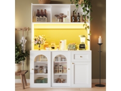 Armario alto de cocina con vitrina de cristal, iluminación LED y estantes ajustables – Blanco