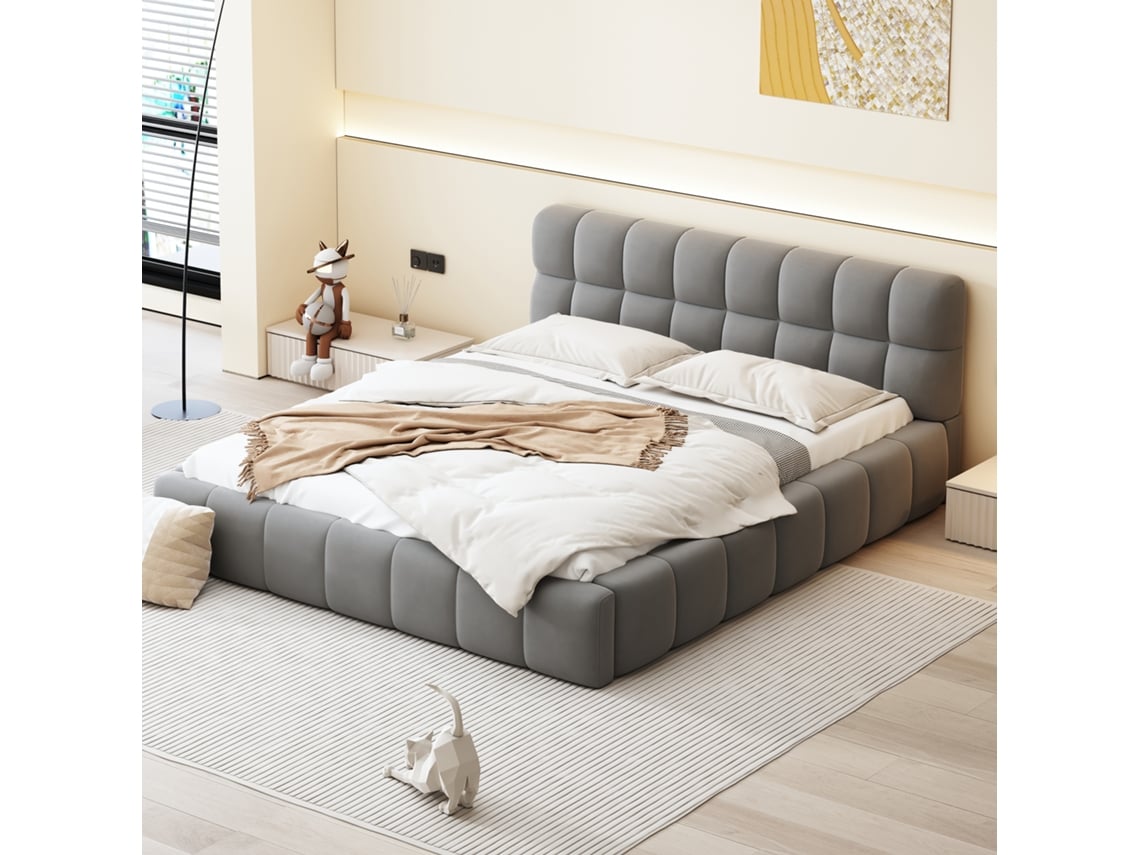 Cama Tapizada En Gris, 140x190 Cm, Cabecero Blando, Plataforma, Base De Láminas.