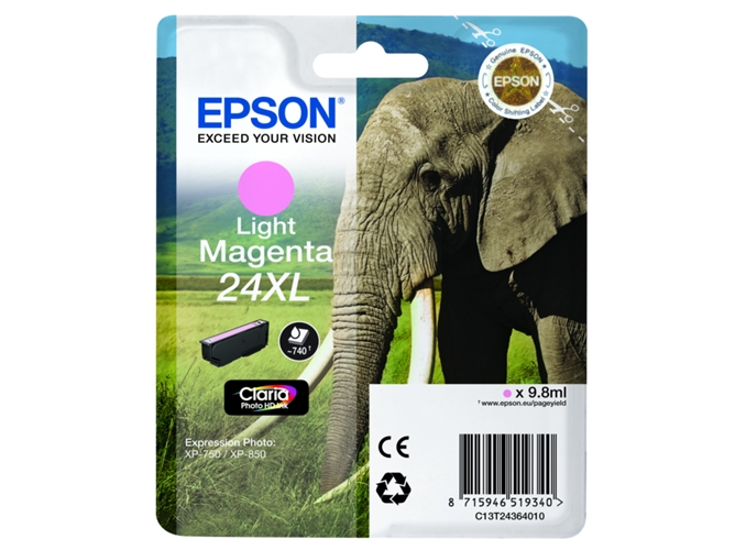 Cartucho de tinta original EPSON, 24XL, Elefante 9,8 ml , Magenta claro, C13T24364022, T2436