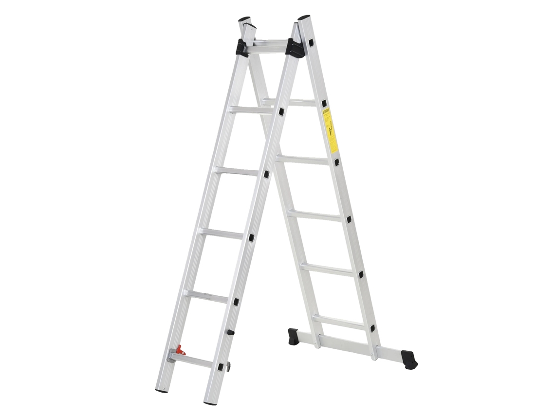 Escalera plegable de aluminio, 1,68 m de altura, capacidad de 150 kg, apta para uso interior/exterior, con certificación ANSI.