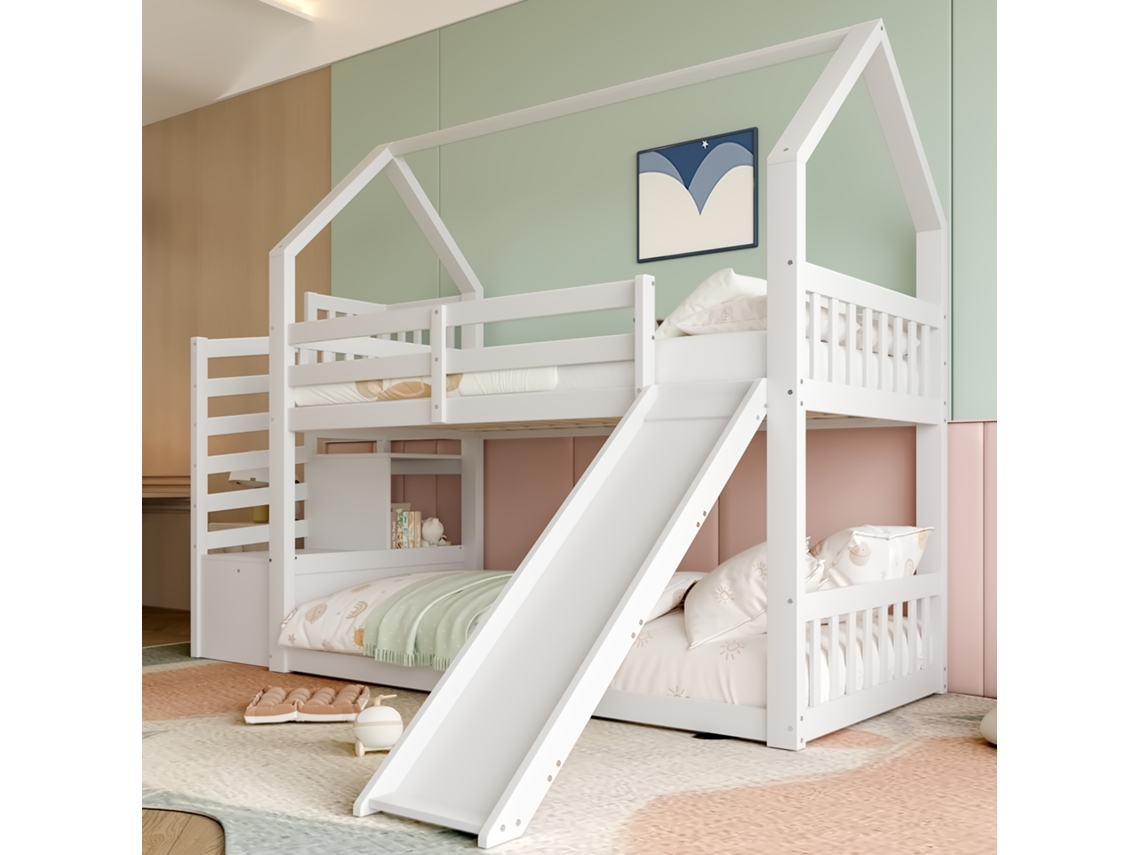 Litera De 90x200 Con Tobogán, Escalera Y Casita De Juegos Blanca.