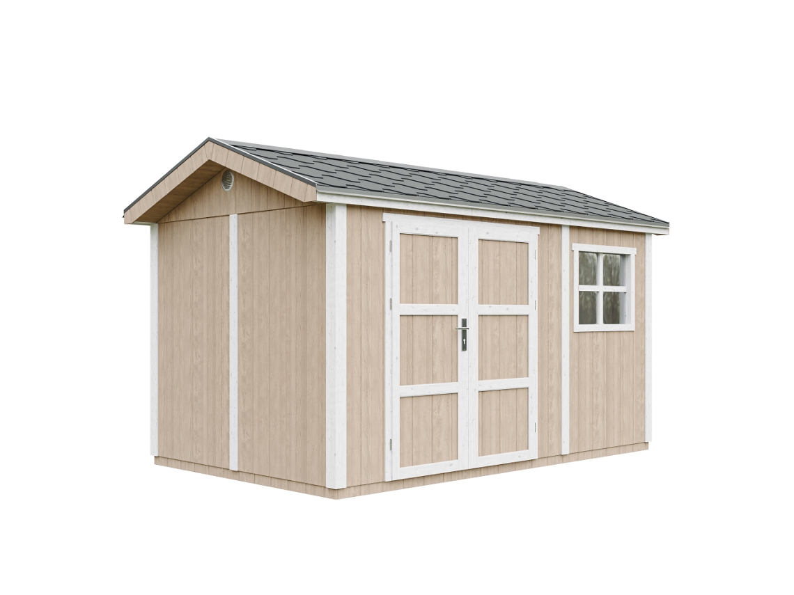 Caseta de jardín de primera calidad de 8,68 m² (alto x ancho x alto): 252 x 250 x 412 cm, con suelo y baldosas bituminosas Timbela M914a Terra Marrom