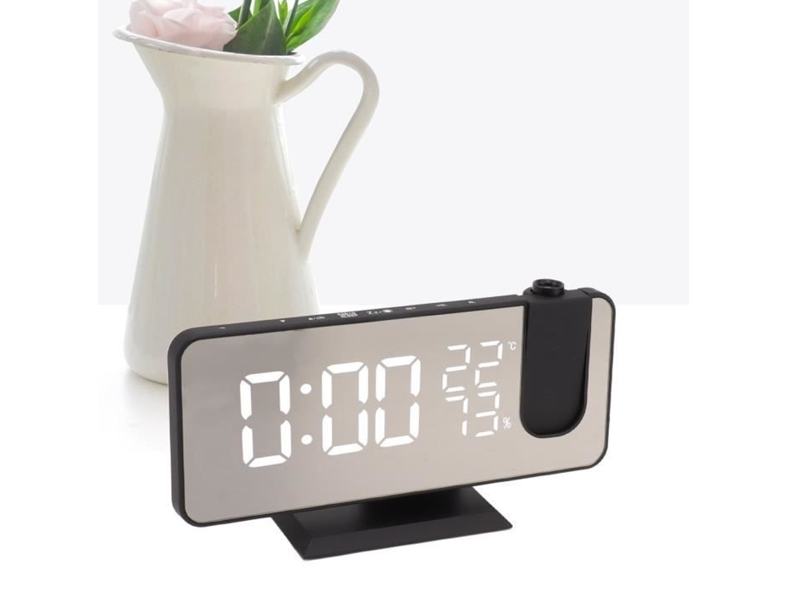 HURRISE Reloj Despertador de Proyección Digital Radio FM Reloj Despertador Digital LED Inteligente Reloj Despertador de Lino con Letras Blancas
