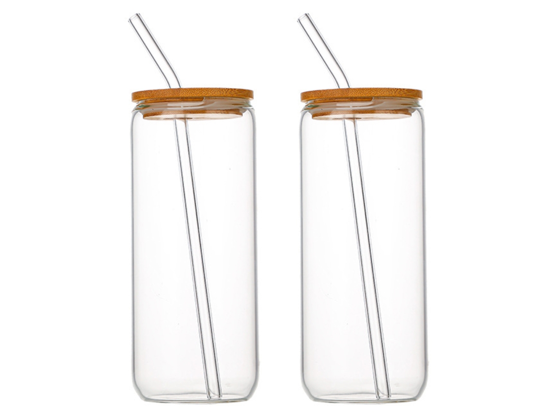 2 vasos reutilizables de vidrio borosilicato de 500ml con pajita y tapa de bambú RNEMITERY