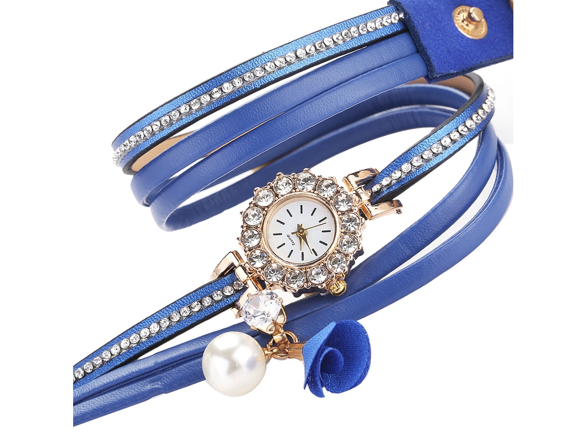 Reloj De Pulsera De Moda Para Mujer Con Correa De Piel Sintética Y Cristales De Imitación De Diamantes Azules.