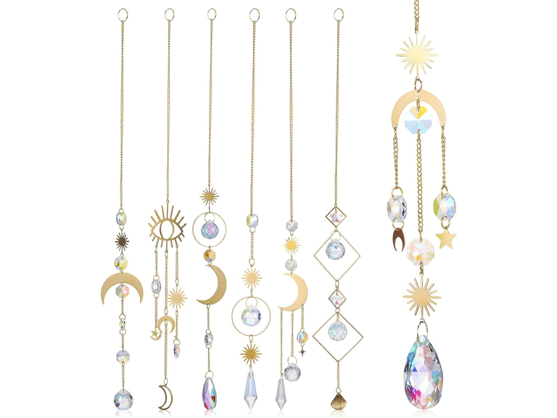 Campanilla De Viento Atrapasol De 7 Piezas Con Efecto Decorativo De Cristal Con Estrella, Sol Y Luna. Fabricada En
