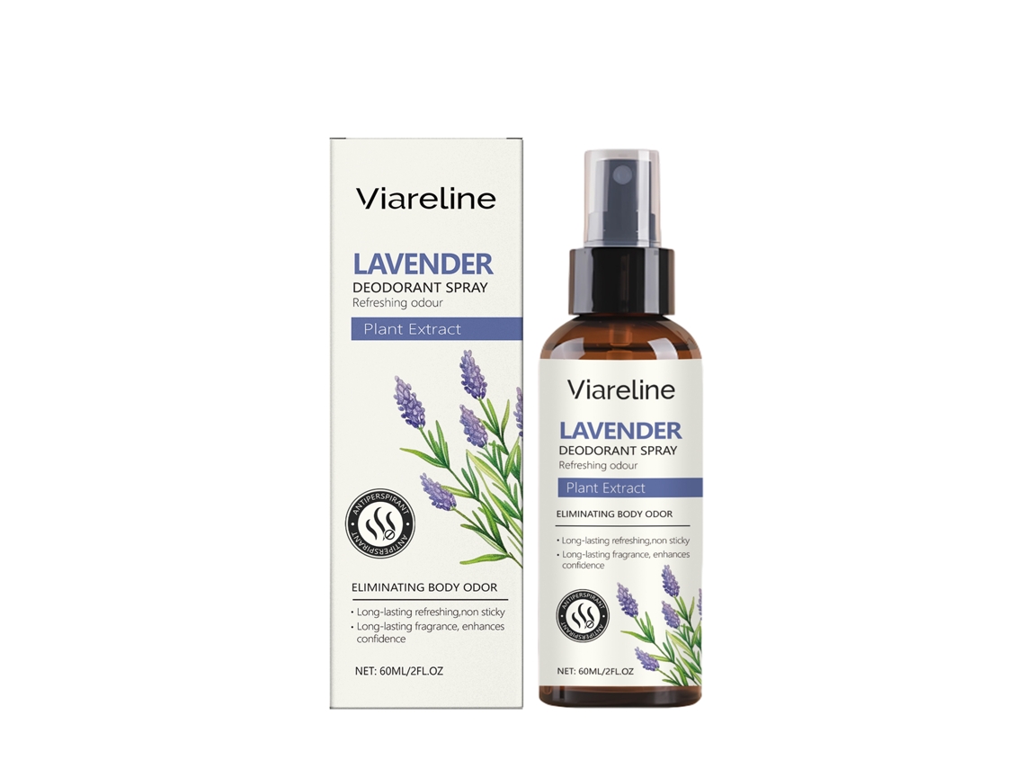 Desodorante antitranspirante en spray con aroma a lavanda.