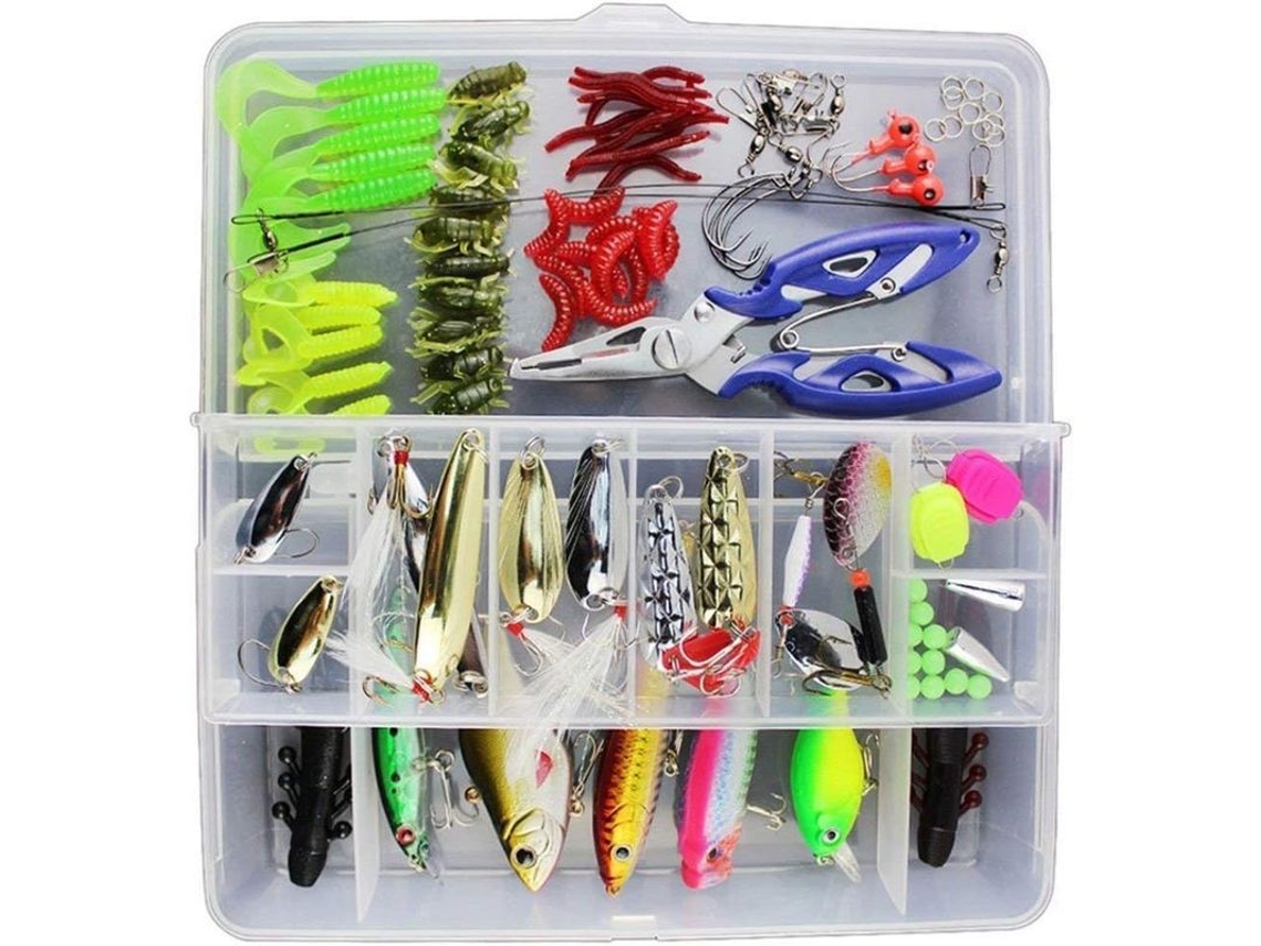 101 Peças Iscas De Pesca Mistas Com Spinners, Vib, Anzóis, Giratórios, Alicates E Caixa De Ferramentas