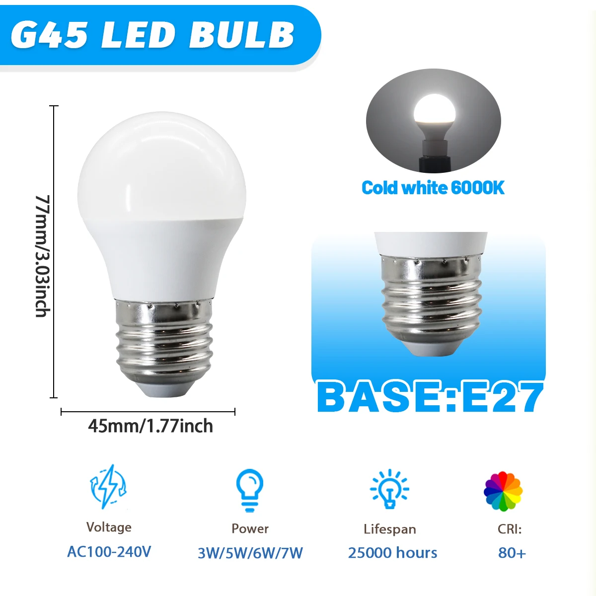 (e27 6000k, 7w) Paquete De 4 Bombillas Led Mini G45, Sin Parpadeo, De Bajo Consumo Para Uso Doméstico.