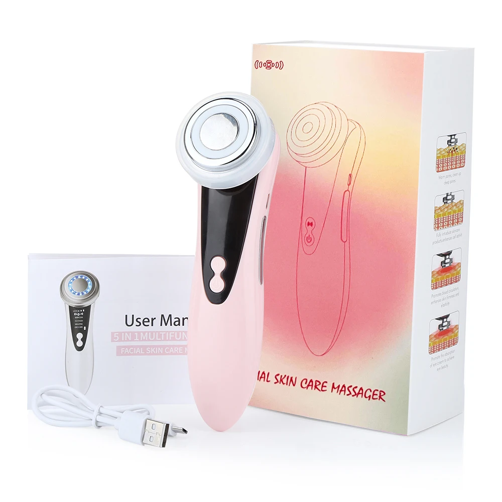 Dispositivo De Belleza 4 En 1 (rosa) Con Terapia De Luz Roja Y Azul Para Rejuvenecimiento De La Piel Y Masajeador Facial Reafirmante.