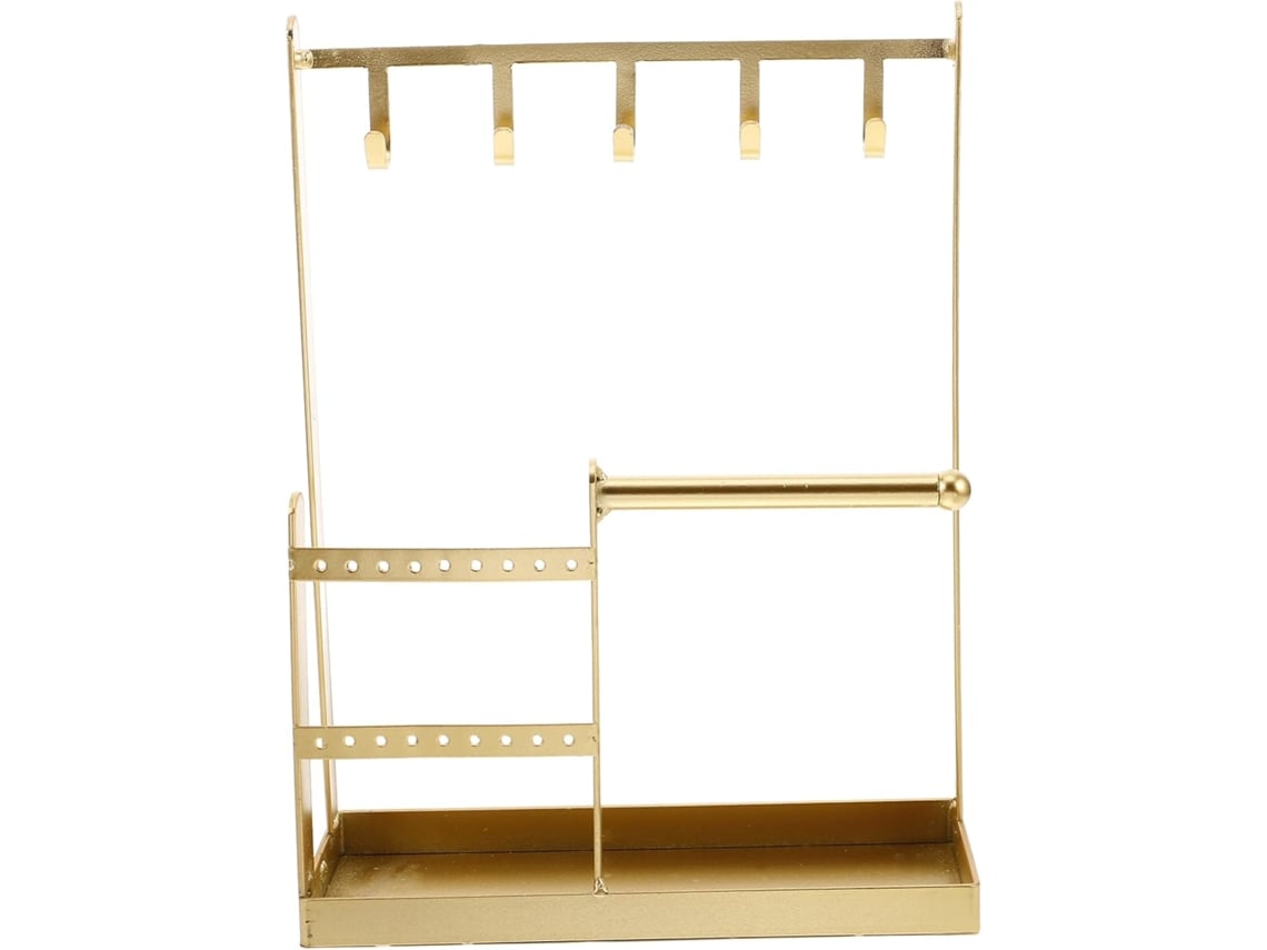 Suporte Multifuncional Dourado Para Colares E Pulseiras Em Metal Com 5 Ganchos Em Relevo.
