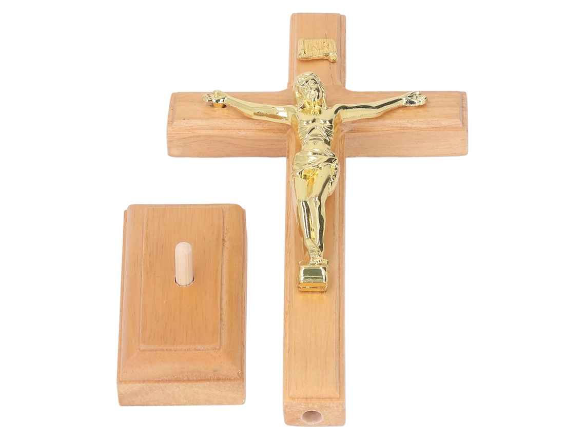 Cruz de Mesa Crucifixo em Faia com Base de Metal Estável para Decoração de Casa e Escritório