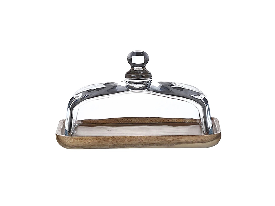 Mantequillera, tapa de cristal, diseño elegante, madera de acacia OEM