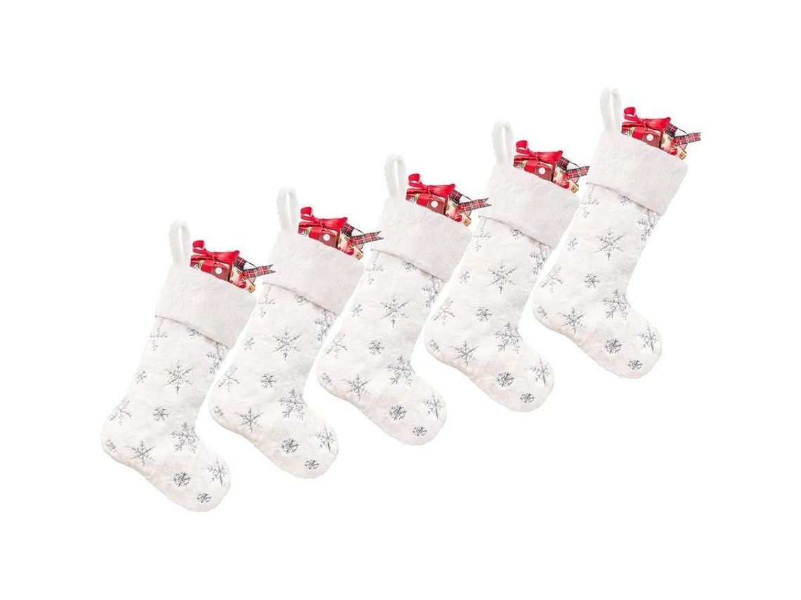 5 calcetines navideños blancos con diamantes de imitación plateados para decoración familiar e infantil, de piel sintética, 48 cm (19 pulgadas).