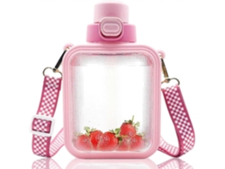 Botella De Agua Cuadrada Kawaii Con Pajita Y Asa Ajustable, Botella De Agua Deportiva Portátil Con Adhesivo De Dibujo Animado. Rosewell