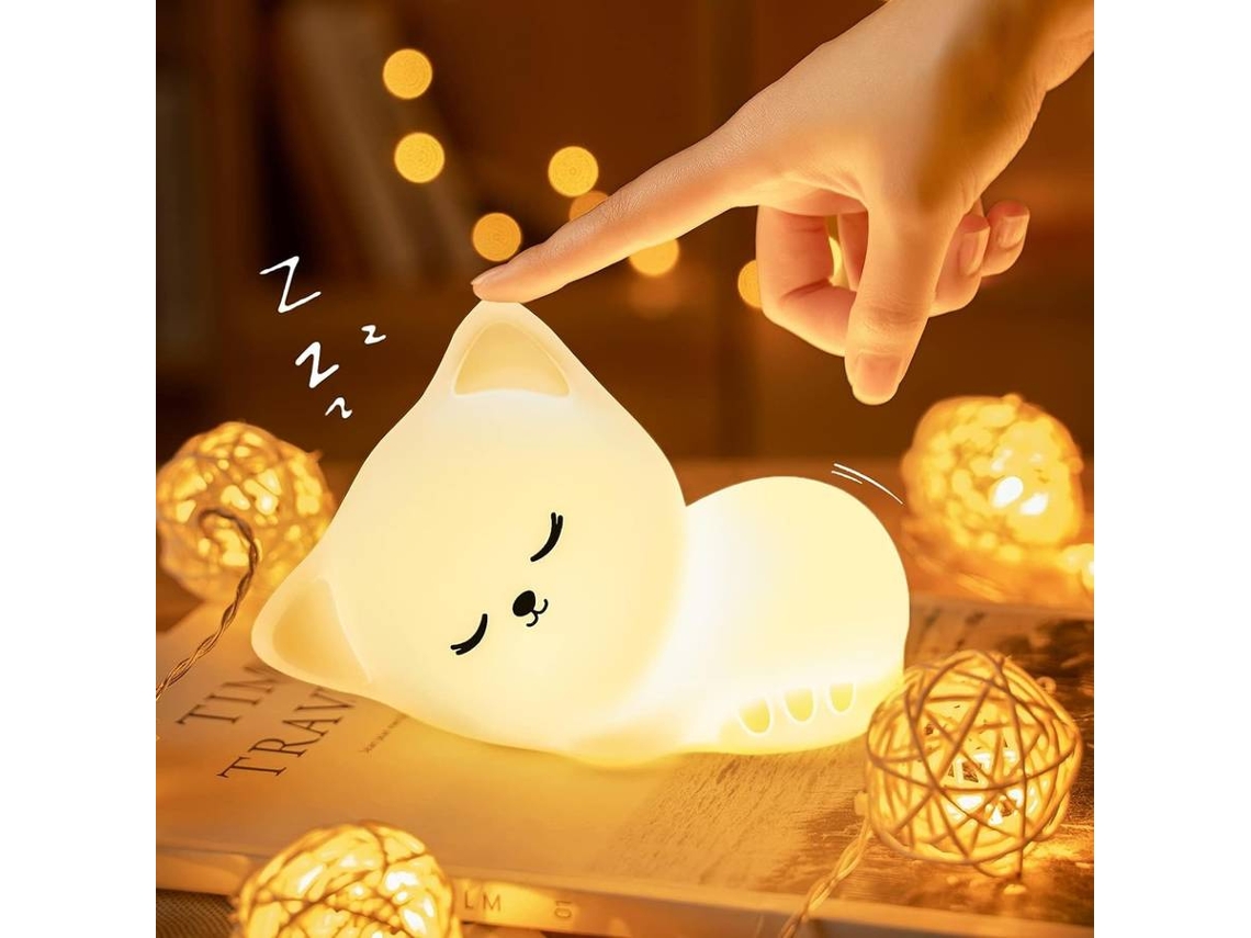 Lámpara de noche para niños, 16 colores, diseño de gato, luz nocturna regulable para bebés (blanca)