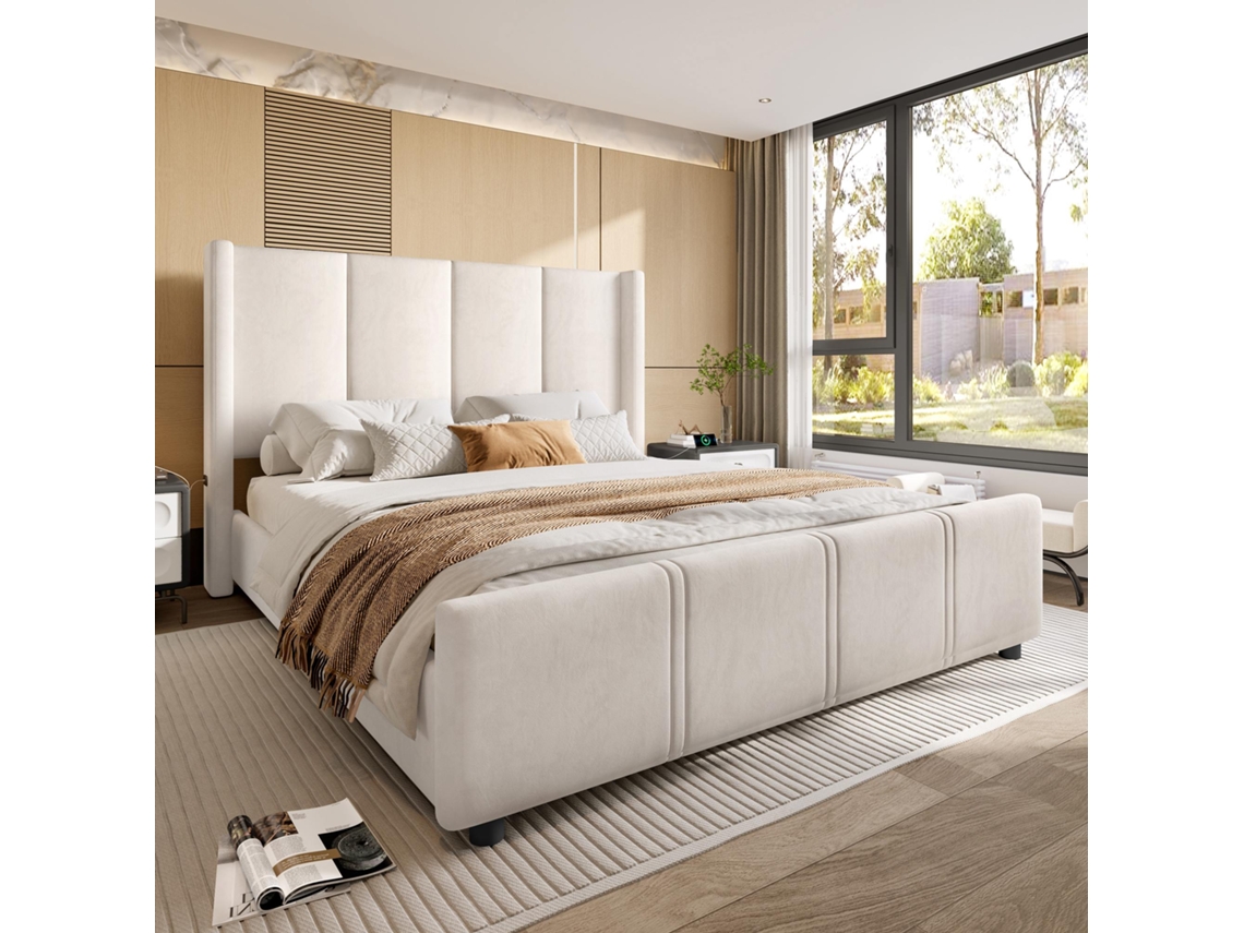 Estructura De Cama Moderna 140x200 Cm - Cabecero Y Pies Altos, Usb Certificado, Estructura De Hierro Y Madera - Beige