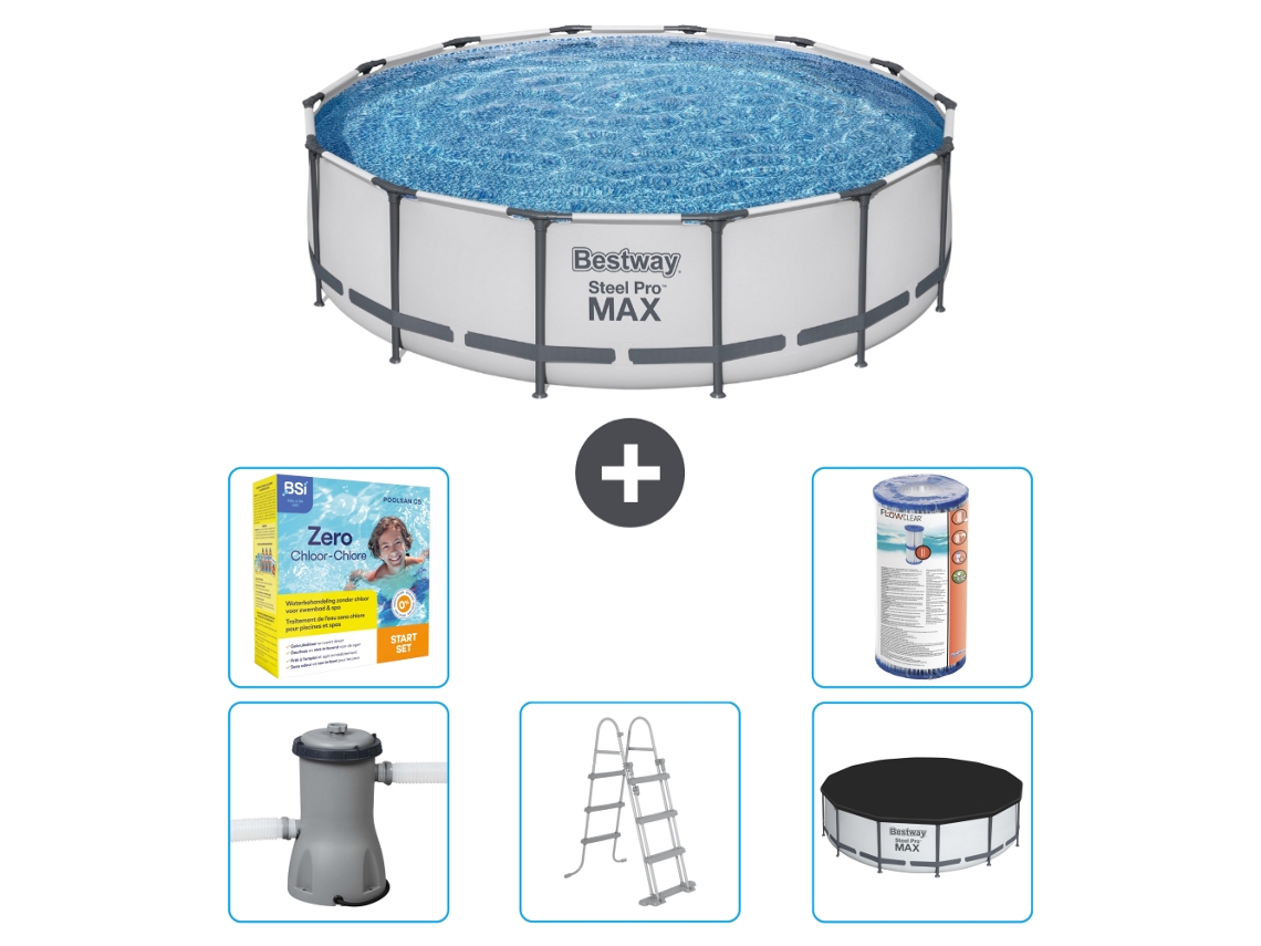 Piscina BESTWAY Round Steel Pro MAX - 427 x 107 cm - Gris - Bomba incluida - Escalera - Cobertor Paquete de mantenimiento - Filtrar