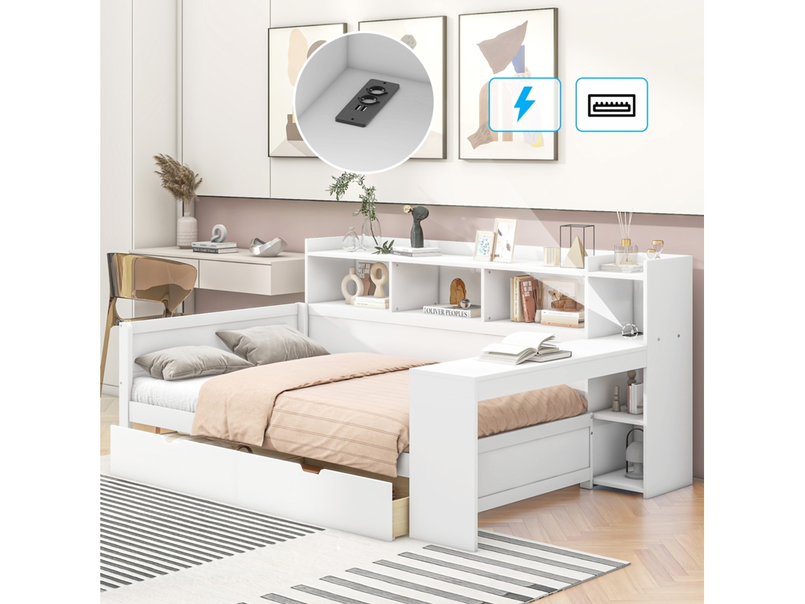 Sofá cama, sofá cama, sofá cama, 90 x 200 cm, mesita de noche con estante y estante bajo la mesa, cama con enchufe y puerto USB, 2 cajones