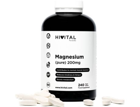 Complemento Alimentar Hivital 240 comprimidos veganos magnesio puro 200 mg procedente de citrato suministro para 8 meses mejora los sistemas muscular y nervioso reduce el cansancio la
