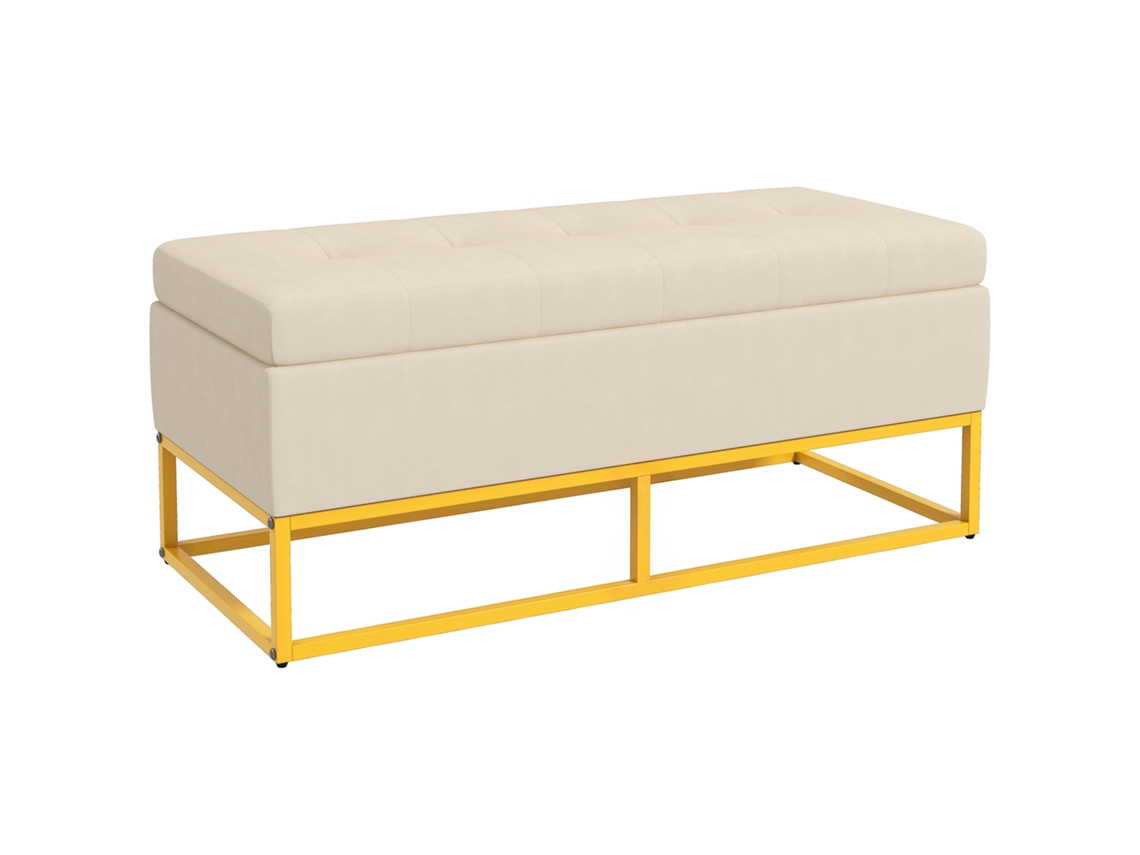Banco Rectangular De Almacenamiento Con Asiento Acolchado Y Patas De Acero, 110x44x49 Cm, Color Beige.