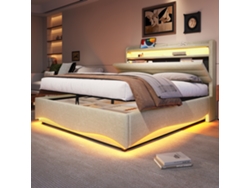 Cama Tapizada 140x200 Cm, Led, Almacenamiento Hidráulico, Usb Y Usb-c, Almacenamiento Integrado, Lino Beige, Colchón No Incluido.