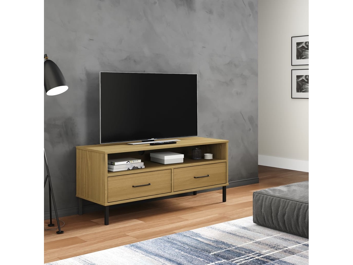 Mueble De Tv Con Patas De Metal Oslo Madera Maciza Pino Marrón