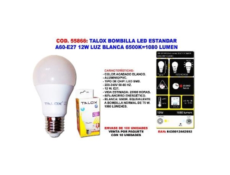 Talox bombilla led estanda a60-e27 12w l.blanca 6500k 1080 lumen (caja 10 unidades)