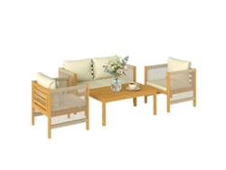 Conjunto De Jardín De 4 Piezas: Sofá, 2 Sillones, Mesa De Madera, Ribete De Cuerda Beige.