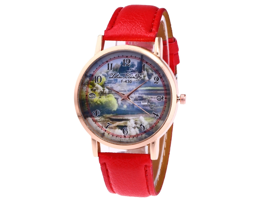 Reloj De Cuarzo Con Correa De Cuero Pu Moda Para Mujer Dial Redondo Rojo