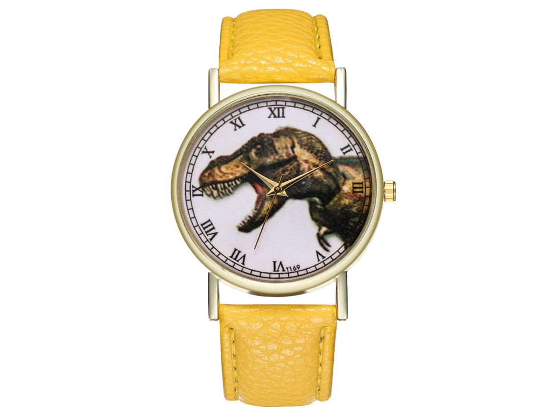 Reloj De Pulsera Unisex Informal De Cuarzo Con Estampado De Dinosaurios, Elegante Y Moderno, Amarillo.