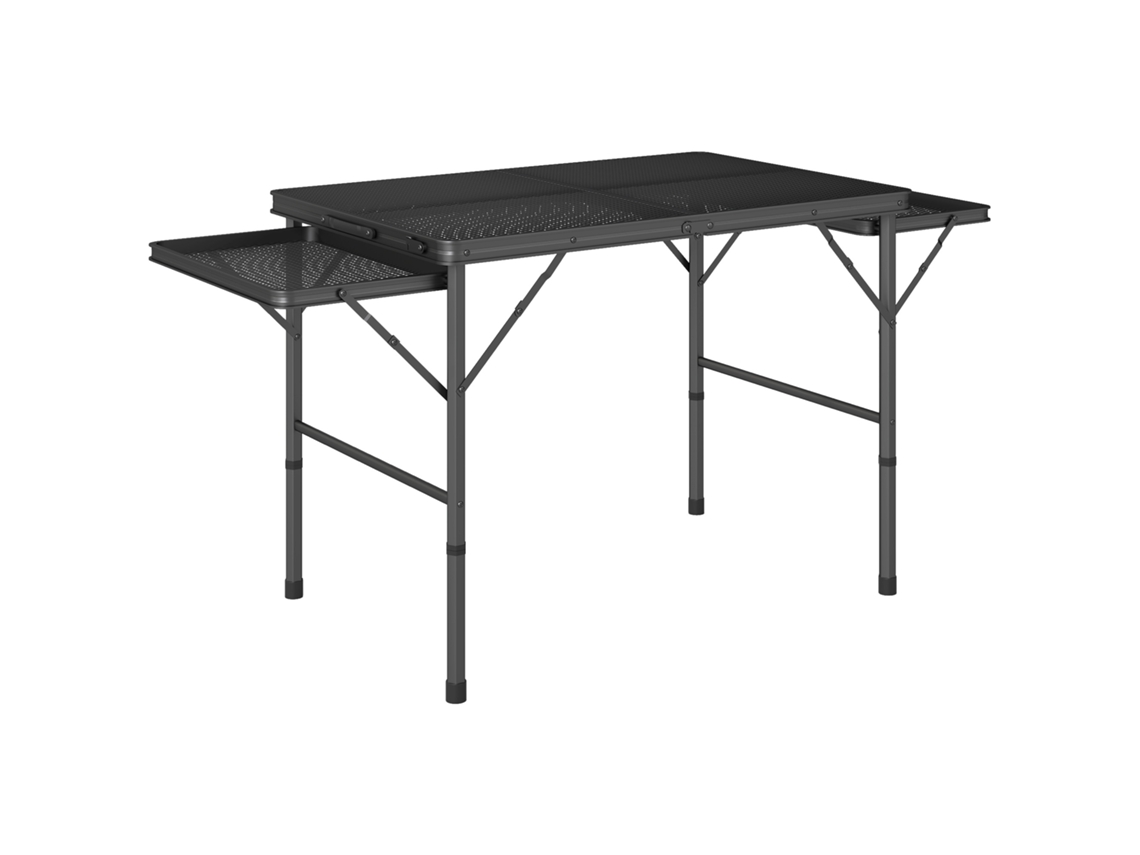 Mesa De Camping Plegable Con Laterales Abatibles Altura Ajustable Y Encimera Metálica De Rejilla 137x62x67 Cm Negro