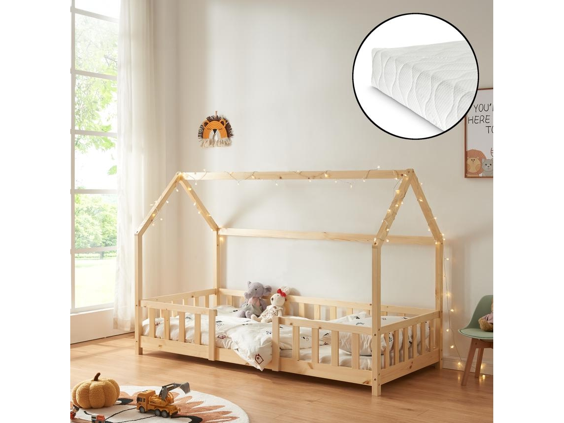 Cama infantil Sisimiut forma de casa Pino + Colchón 90x200 cm Pino Natural EN.CASA NEU.HAUS