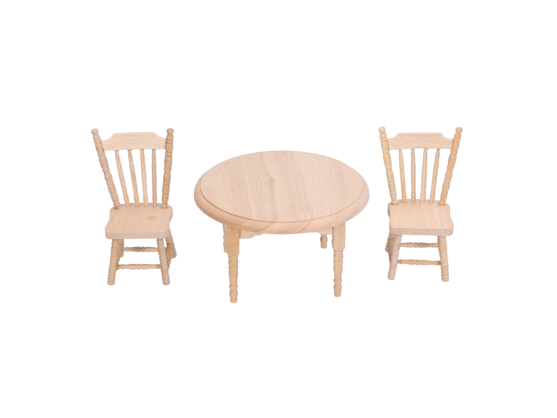 3pcs Mesa E Cadeiras Redondas De Madeira Bétula 1:12 Para Casinha De Bonecas Miniatura Diy