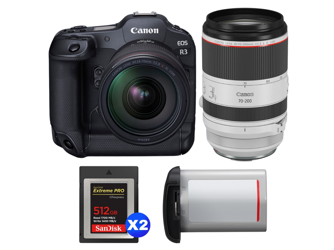 EOS R3 + RF 24-70 mm F/2.8 L IS USM + RF 70-200 mm F/2.8 L IS USM + 2 tarjetas Sandisk Extreme Pro de 512 GB Cfexpress Tipo B + Canon LP + Libro electrónico Pricedirect CANON