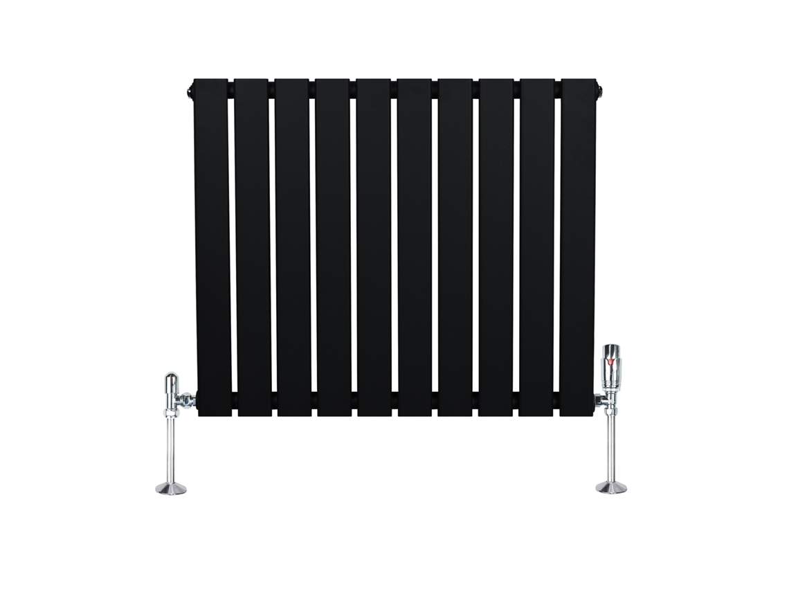 Radiador plano, columna simple, 600x700 mm - Negro, acero al carbono de 1,5 mm, 635 W, alta eficiencia, válvulas termostáticas