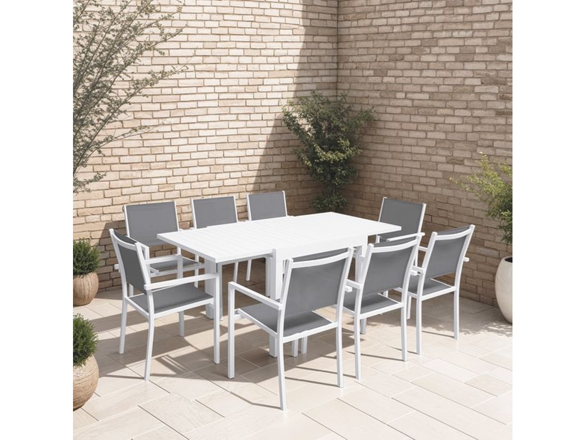 Conjunto de jardín extensible VENEZIA 90/180 en textileno gris 8 plazas - aluminio blanco HAPPY GARDEN