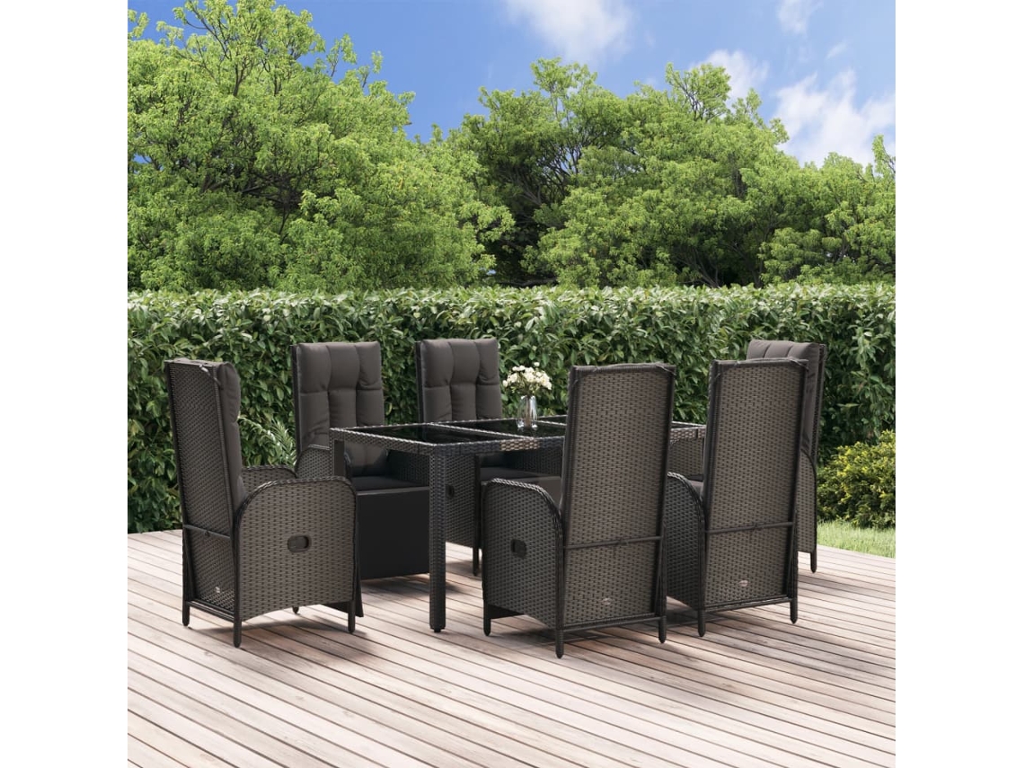 Juego de comedor de jardín de 7 piezas con cojines de mimbre negro/gris de DKD Home Decor