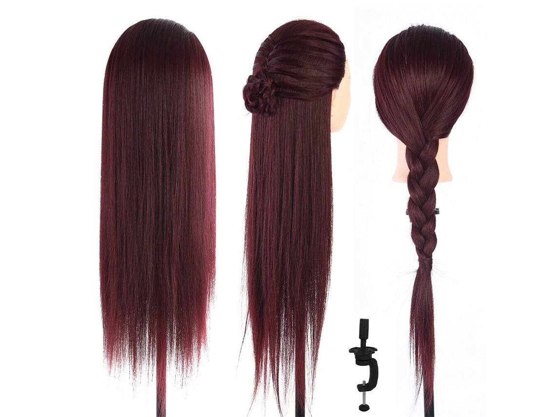 Cabeza De Maniquí Para Prácticas De Peluquería Con 60 Cm De Cabello De Fibra Resistente Al Calor Y Pinza Roja.